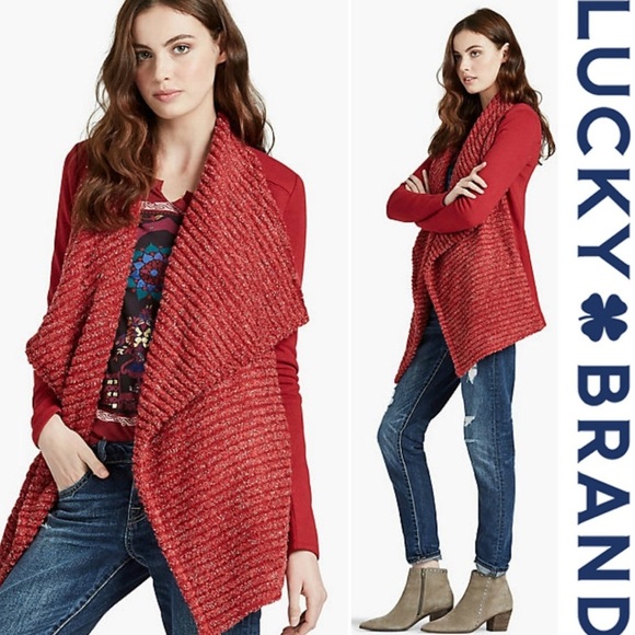 Brand New Lucky Brand Red Metallic Knit Shawl Open Front Drape Cardigan Sweater - Picture 3 of 16